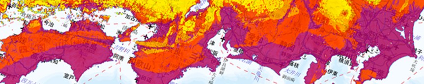J-SHIS 30年 震度6弱以上の揺れに見舞われる確率の分布図より