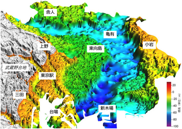 東京下町の低地の地下の埋没谷形状（産総研資料より）。産業技術総合研究所（産総研）研究グループが、東京都心部の地下地質構造を3次元で立体的に見せる次世代地質図「3次元地質地盤図～東京23区版～」を公表した。3次元地質地盤図は、だれでも閲覧でき、東京23区の地震ハザードマップや都市インフラ整備などで活用されることが期待される。いっぽう、衛星や地図情報を組み合わせた新しい防災情報サービスを、地図情報のゼンリンや衛星放送スカパーJSAT、建設コンサルタント・日本工営が始めた。防災・減災テクノロジーの新ステージだ