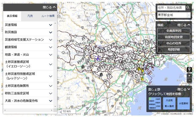 「東京都防災」はウェブ上での防災情報提供に力を入れている。上図は、「東京都防災」の「災害・防災マップ」より。画像クリックで同サイトへリンク