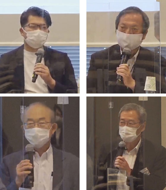 パネルディスカッション・パネラーの各氏。上左から右へ、廣井 悠、橋本 茂、青山 佾、閉会の挨拶で登壇した原 正之・日本防災士機構理事長の各氏