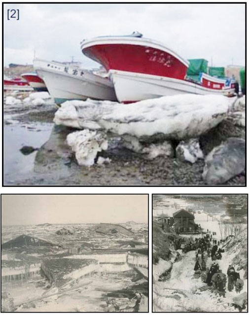 上写真：東日本大震災の津波で根室市沖根婦（おきねっぷ）漁港に打ち上げられた流氷（出典：北海道開発局「雪氷期の津波沿岸防災対策検討会」報告書より）。下写真・左：1952年十勝沖地震の被災状況（浜中町霧多布）より、右：高台に避難する住民（北海道開発局「雪氷期の津波沿岸防災対策検討会」報告書より）
