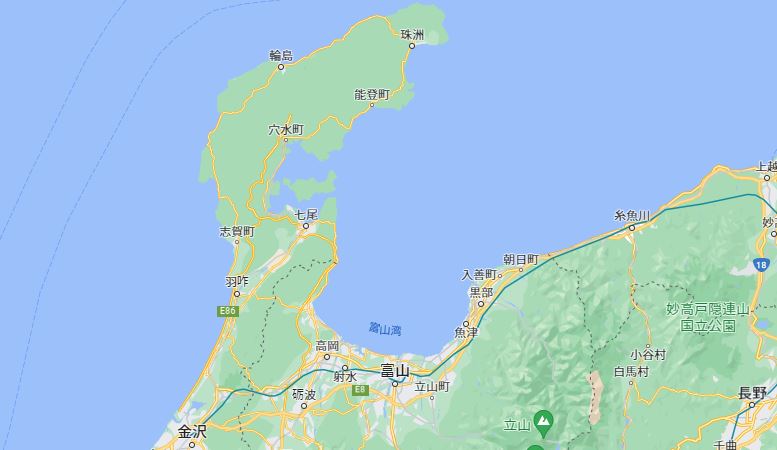 能登半島周辺と珠洲市（Googleマップより）