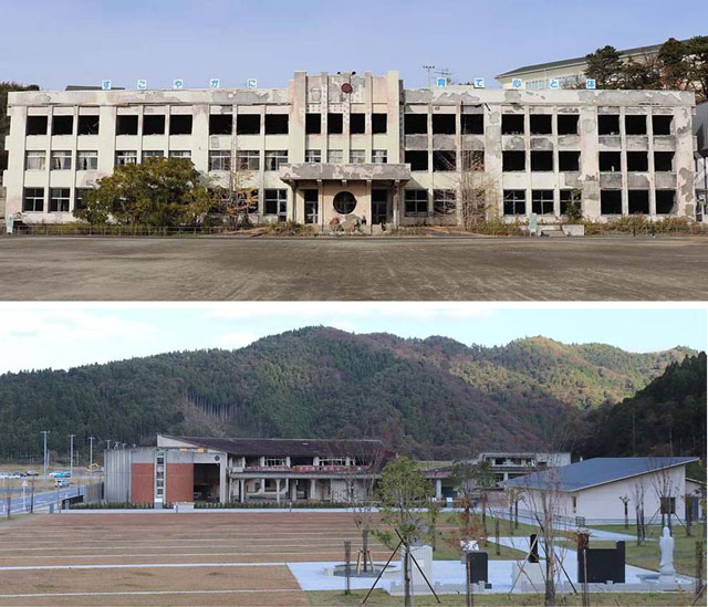 上写真：石巻市震災遺構 門脇小学校、下：石巻市震災遺構 大川小学校（石巻市震災遺構HPより）。いずれも東日本大震災によって被災。門脇小学校では津波来襲時に在校していた275名の児童は裏山に無事避難。しかし、大川小学校では74名の児童と教職員10名のほか、学校に避難してきた地域住民や保護者も津波に巻き込まれて死亡、学校の対応に過失があったとして裁判になった。2校とも震災遺構となって震災学習の場となっている