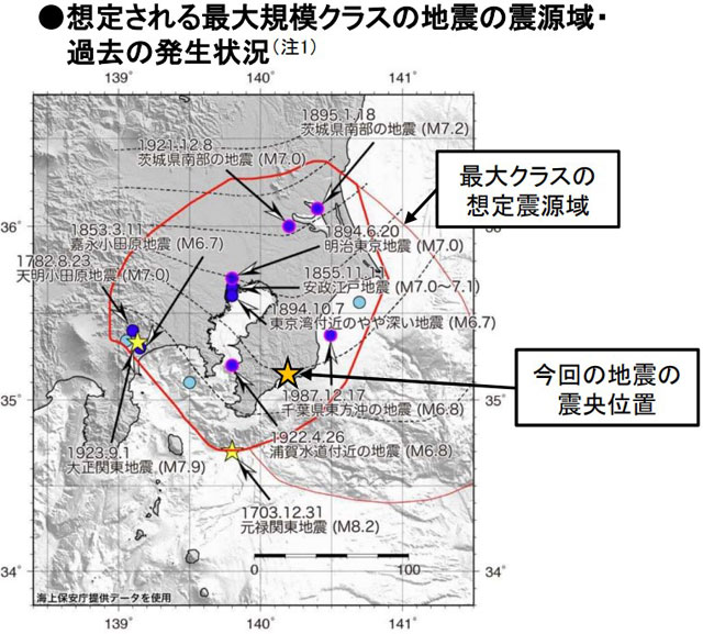 想定される最大規模クラスの地震の震源域・過去の発生状況（気象庁資料より）