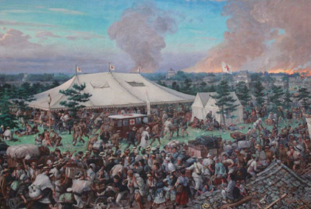 油絵「関東大震災当時の宮城前本社東京支部救護所の模様」