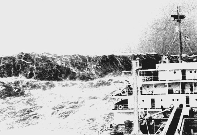 フランス・ビスケー湾の水深約180mの地点で撮影された巨大波（Wikipediaより）