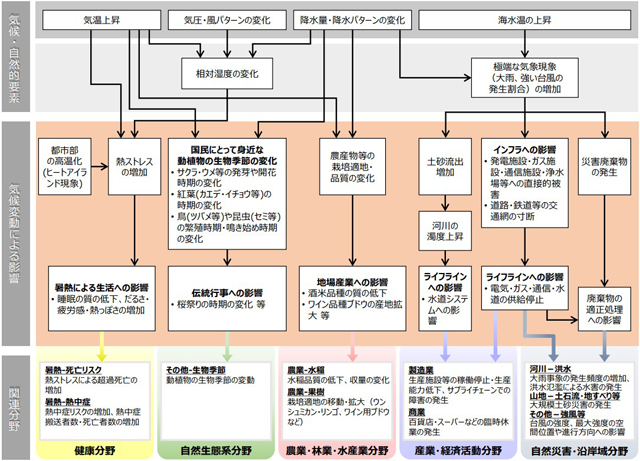 気候変動により想定される影響の概略図（国民生活・都市生活分野）（環境省「気候変動影響評価報告書（総説）」より）