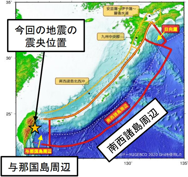 南西諸島周辺、与那国島周辺で想定されている海溝型地震の対象領域（気象庁資料より）