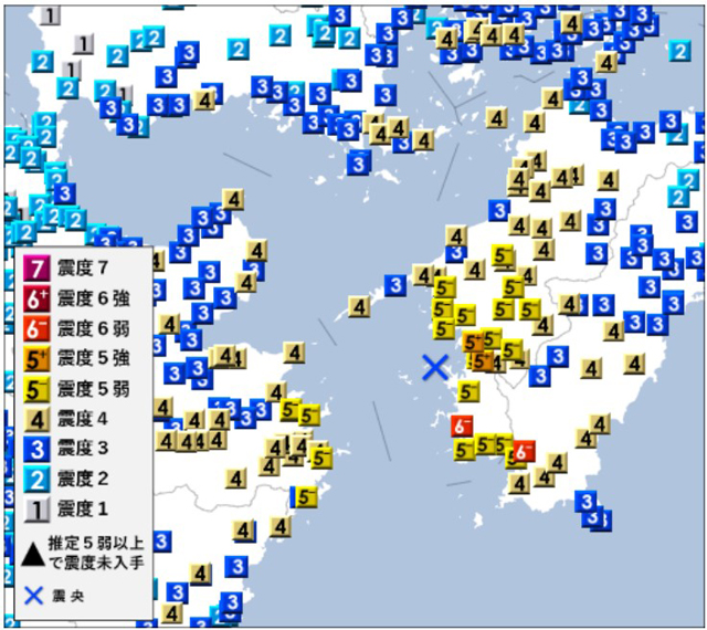 2024年4月17日23時14分頃の「豊後水道の地震 各観測点の震度」（４月17日23時19分発表／気象庁資料より）